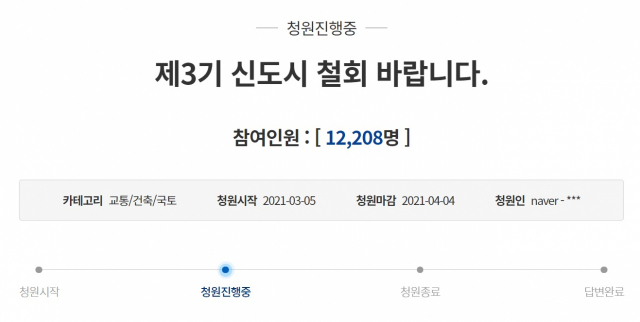 '3기 신도시 철회' 국민청원 이틀만에 1만2,000명 참여