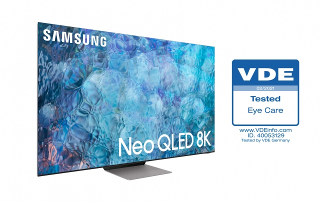 삼성전자 Neo QLED TV 제품 이미지와 독일 VDE ‘아이 케어 인증’ 로고./사진제공=삼성전자
