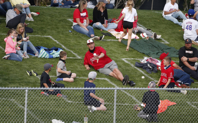 경기장 외야의 잔디밭에서 MLB 시범 경기를 지켜보는 미국 야구팬들. /AFP연합뉴스