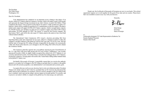 브라이언 켐프 미국 조지아주(州) 주지사가 조 바이든 대통령에게 SK이노베이션 배터리 수입금지 조처 번복을 요청하고자 보낸 서한. [조지아 주정부 제공. 재판매 및 DB금지]