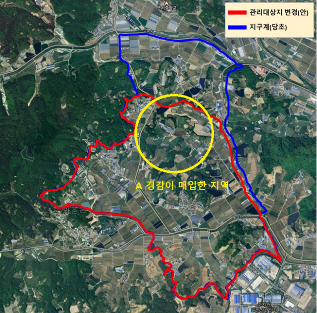 ‘세종 스마트 국가 산업단지’ 관련 토지거래허가구역(빨간색)과 A 경감이 매입한 지역(노란색).