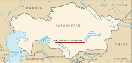 차세대중형위성 1호가 20일 발사되는 카자흐스탄의 바이코누르 우주센터의 지도상 위치 /사진제공=과기부
