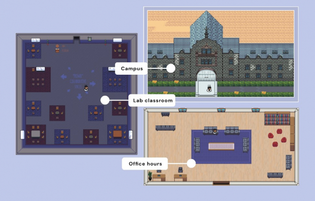 가상 공간 화상 회의 시스템 ‘개더타운’ 속 학교 공간 예시 이미지 /개더타운 홈페이지 화면 갈무리