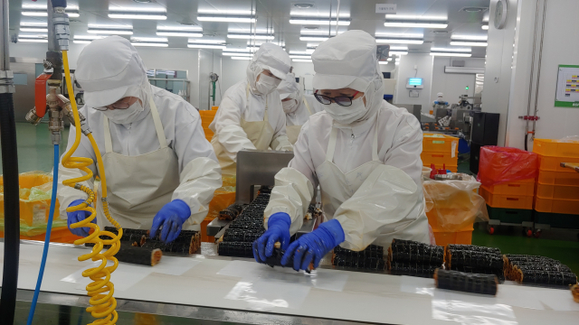 BGF리테일의 충북 진천중앙물류센터(CDC) 내 신선식품(FF) 제조시설에서 직원들이 김밥을 만들고 있다./백주원기자