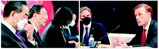 지난 18일(현지 시간)부터 1박 2일간 미국 알래스카주 앵커리지에서 미중 고위급 회담이 열린 가운데 중국 측 대표로 참석한 양제츠(왼쪽 사진 가운데) 공산당 외교담당 정치국원이 발언하고 있다. 반면 미국 측 제이크 설리번(오른쪽 사진 오른쪽) 백악관 국가안보보좌관은 토니 블링컨 미 국무장관이 지켜보는 가운데 중국을 향해 날선 비판을 내놓았다. 이날 미국과 중국은 조 바이든 미국 대통령 취임 이후 첫 고위급 대면 회담을 가졌다. /로이터연합뉴스