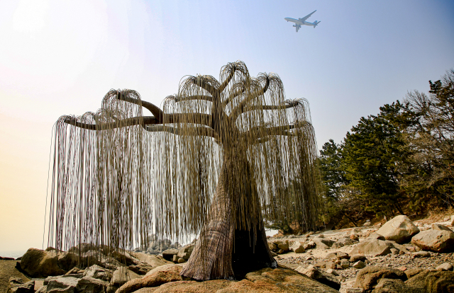 배미꾸미 조각공원의 대표작품 ‘버들선생’ 위로 비행기 한 대가 날아가고 있다. 모도 상공에는 5분에 한대 꼴로 비행기가 지나간다.