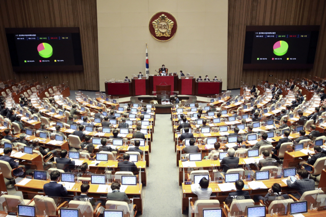 24일 서울 여의도 국회에서 열린 본회의에서 한국에너지공과대학교(한전공대) 법안이 통과되고 있다./권욱 기자
