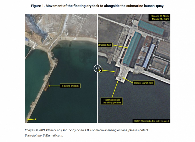 27일 미국 북한전문매체 38노스가 북한 신포조선소의 플로팅독 위치가 이동한 장면(오른쪽이 이동 후 사진)을 담은 플래닛랩스(Planet Labs)의 위성사진을 공개했다. /38노스 홈페이지 캡처