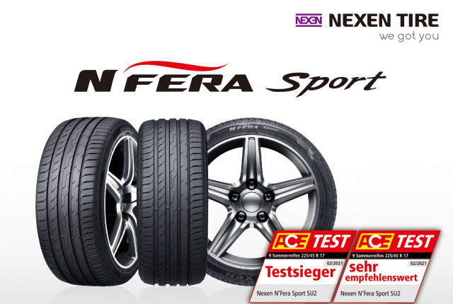 넥센타이어의 ‘엔페라 스포츠’ 제품이 독일의 유력 자동차 전문지 ‘아체에 렌크라트(ACE Lenkrad)’가 실시한 여름용 타이어 성능 테스트에서 종합 1위를 기록했다./사진제공=넥센타이어