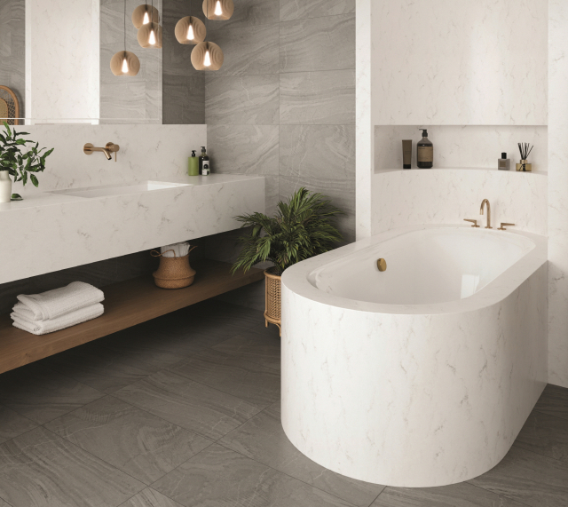 LG하우시스 인조대리석 신제품 '하이막스-오로라 에크루'가 적용된 욕실공간 모습. /사진제공=LG하우시스