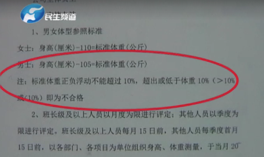 중국의 한 부동산 관리회사가 직원들에게 제시한 표준 체중. 남성 기준으로 키에서 105를 뺀 값을 표준 체중으로 산정했다. 여성의 경우 키에서 110을 뺀 값은 표준 체중으로 봤다. /출처=시나닷컴
