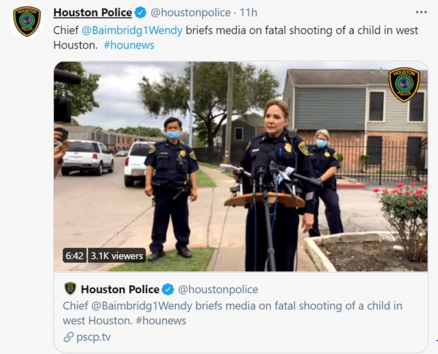 휴스턴 경찰서 관계자가 9일(현지시간) 생후 8개월 아기가 3살 형제가 쏜 총에 사망한 사건과 관련해 브리핑을 하고 있다. /휴스턴 경찰 트위터 캡처