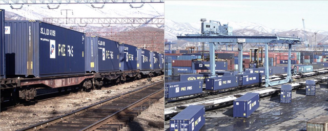 시베리아 횡단철도(TSR)에 LG계열 종합물류기업 판토스의 컨테이너가 실려있는 모습(사진 왼쪽)과 TSR에 컨테이너를 싣고 있는 모습(사진 오른쪽)./사진제공=판토스