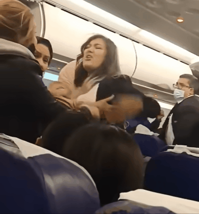 지난 10일 튀니스에어의 튀니지행 비행기 내에서 이륙 직전 여성 승객들이 몸 싸움을 벌이고 있다./출처=유튜브