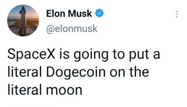 “스페이스X는 도지코인을 달 위에 놓을 것”이라고 올린 일론 머스크의 트윗./트위터 캡처