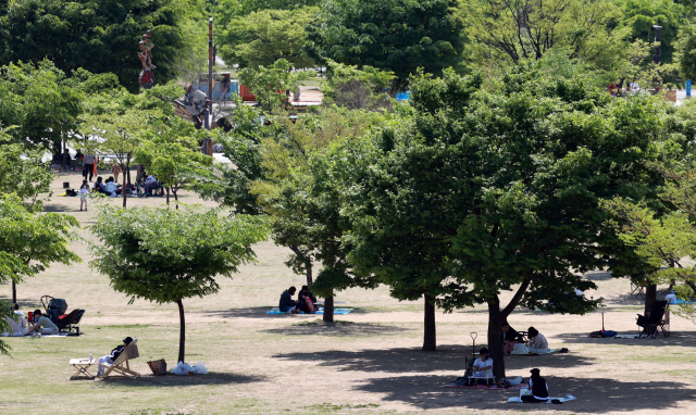 25일 서울 영등포구 여의도 한강시민공원을 찾은 시민들이 나무 그늘 아래에서 휴식을 취하고 있다. /연합뉴스