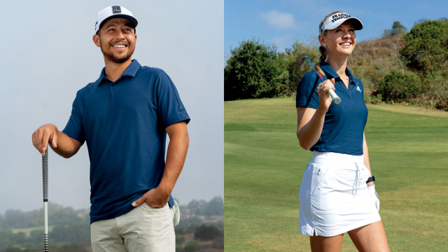 재생 소재 골프복을 입은 미국프로골프(PGA) 투어 잰더 쇼플리(왼쪽)와 미국여자프로골프(LPGA) 투어 제시카 코르다. /사진 제공=아디다스골프