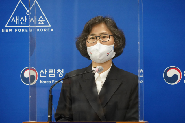 이미라 산림청 산림산업국장이 ‘2050 산림부문 탄소중립 추진전략’에 대한 환경단체의 지적에 대한 입장과 향후 계획을 발표하고 있다. 사진제공=산림청