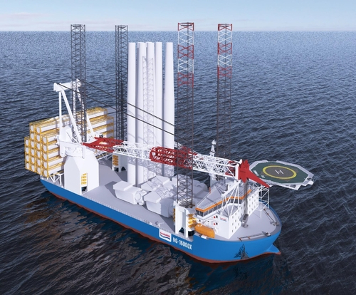 대우조선해양이 이번에 수주한 대형 해상 풍력발전기 설치선 ‘NG-16000X’ 디자인 조감도. /사진 제공=대우조선해양