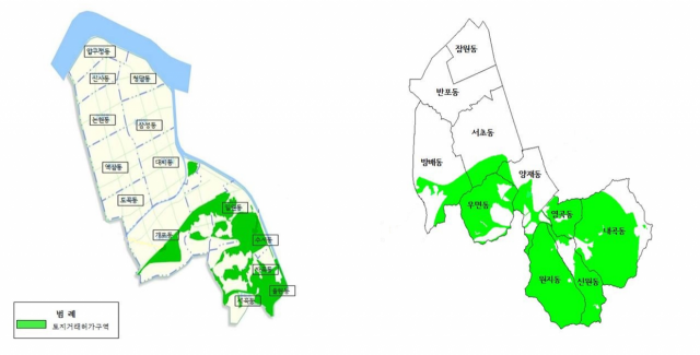 서울 강남구(왼쪽)과 서초구의 토지거래허가구역 지정 도면 / 서울시