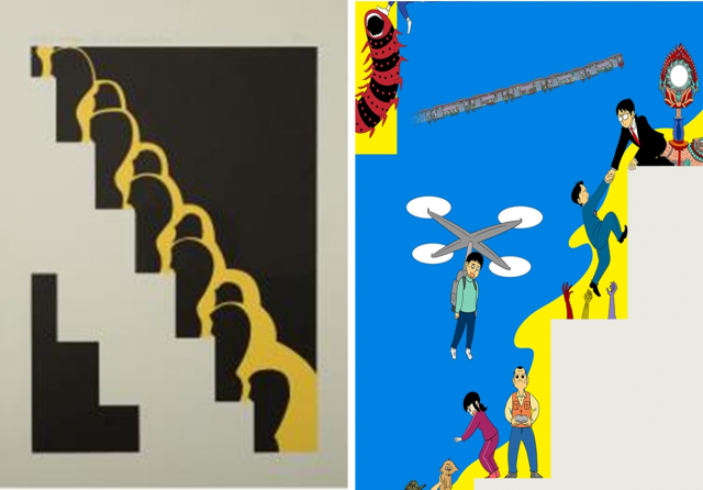 주재환의 ‘계단을 내려오는 봄비’(왼쪽)와 주호민의 ‘계단에서 뭐 하는 거지’/사진=서울시립미술관