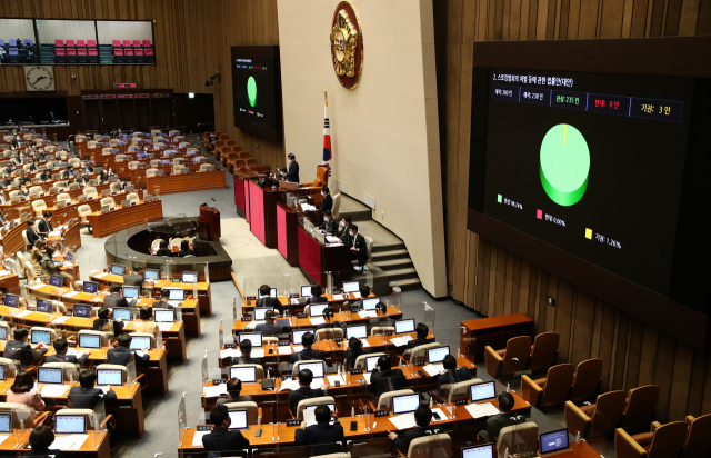 지난 3월 24일 서울 여의도 국회에서 열린 본회의에서 스토킹 범죄의 처벌 등에 관한 법률안이 의결되고 있다./연합뉴스