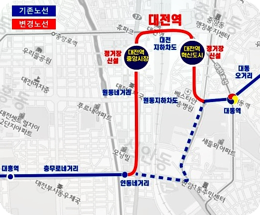 대전시는 대전도시철도 트램이 대전의 관문 대전역을 경유하도록 노선을 변경했다. 변경 노선 조감도. 사진제공=대전시
