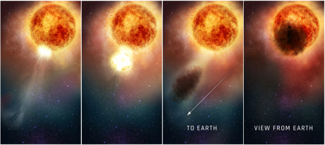 베텔게우스에서 분출된 물질이 지구로 향하는 별빛을 가리는 모습 상상도/NASA