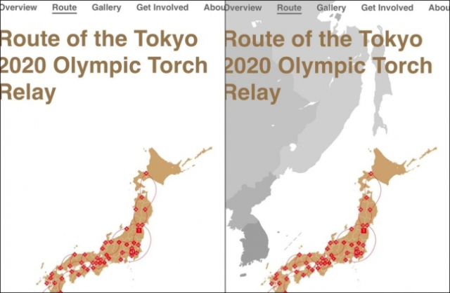 현재 도쿄올림픽 홈페이지에 작은 점으로 독도를 표기한 일본 지도(왼쪽)와 독도의 올바른 표기 방법을 일본 측에 알려준 지도 예시안(오른쪽)이다./서경덕 교수 제공