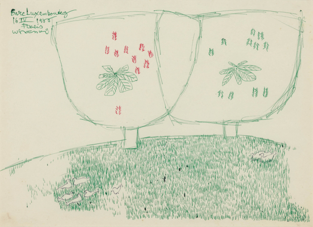 종이에 초록색 볼펜으로 그린 김환기의 1956년작 '룩셈부르크 공원'이 경합 끝에 3,200만원에 낙찰됐다. /사진제공=케이옥션