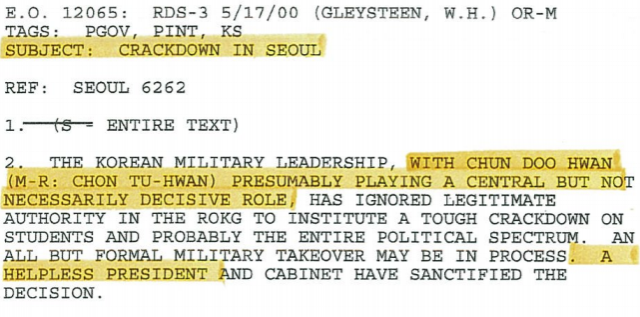 지난 1980년 5월 17일, 주한대사관이 새벽에 미국 본국에 긴급 타전한 문서 '서울에서의 탄압(CRACKDOWN IN SEOUL)'. /자료제공=외교부