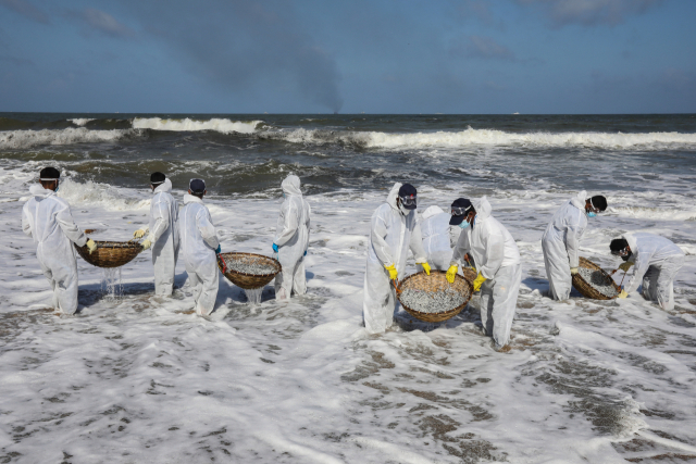 지난2일 스리랑카 당국 관계자들이 침몰한 선박에서 유출된 플라스틱 포장재 등 환경오염물들을 제거하고 있다./EPA 연합뉴스