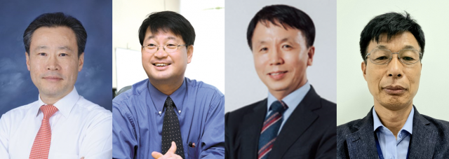 송경민(왼쪽부터) 한국우주기술진흥협회장, 이창진 건국대 항공우주공학과 교수, 방효충 한국항공우주학회장, 김판조 한국항공우주산업 위성체계실장