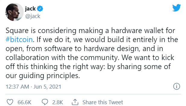 하드웨어월렛 개발을 언급한 잭 도시의 트위터/ 사진출처=트위터캡쳐