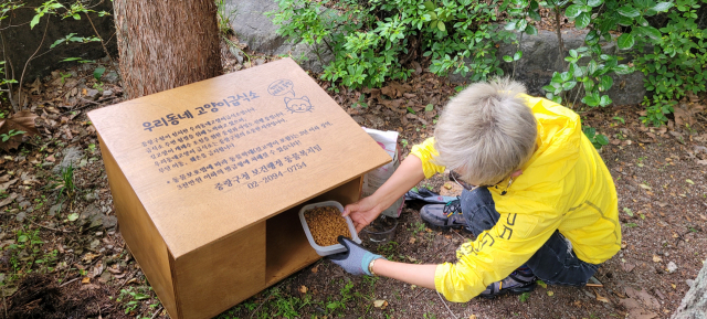 ‘중랑구 길고양이 친구들’ 자원봉사자가 중랑구 용마폭포공원에 설치된 ‘우리동네 고양이 급식소’에 사료를 넣고 있다. /사진 제공=중랑구