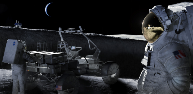 저 멀리 지구를 두고 우주인들이 달 탐사를 하는 모습을 그린 상상도 . /나사 홈페이지