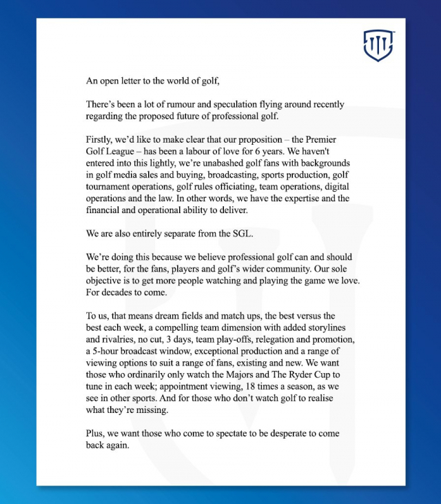 '세계 골프에 보내는 메시지'로 출범을 공식 선언한 PGL. /출처=PGL 트위터