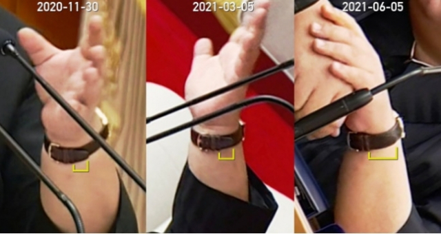 순서대로 김정은이 지난해 11월, 지난 3월, 이번 달 5일에 공개된 사진에서 스위스제 IWC 손목시계를 착용하고 있는 모습이다./NK뉴스
