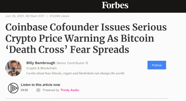 코인베이스 공동 창업자 프레드 어샴이 비트코인 데드크로스를 경고했다는 내용의 포브스 기사. /포브스 홈페이지 갈무리.
