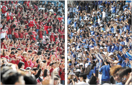 고려대와 연세대 학생들이 정기전에서 응원을 하고 있다/연합뉴스