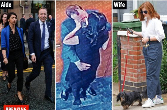 지난 25일 영국 타블로이드 선이 보도한 영국 전 보건장관 맷 핸콕과 보좌진의 불륜 키스 장면. /더선 캡처