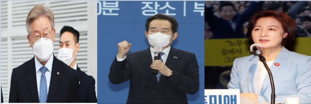 이재명 경기지사(왼쪽), 정세균 전 국무총리(가운데), 추미애 전 법무부 장관(오른쪽). /연합뉴스