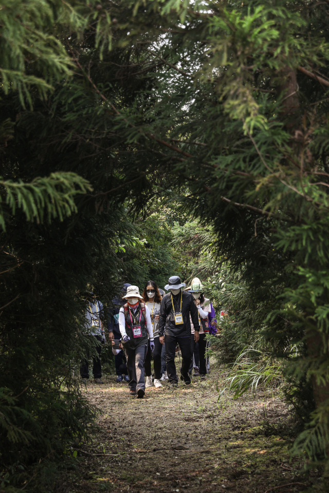 지난해 제주에서 진행된 세계유산축전 워킹투어 프로그램인 ‘불의 숨길’ 참가자들이 용암동굴 코스를 걷고 있다./사진제공=문화재청