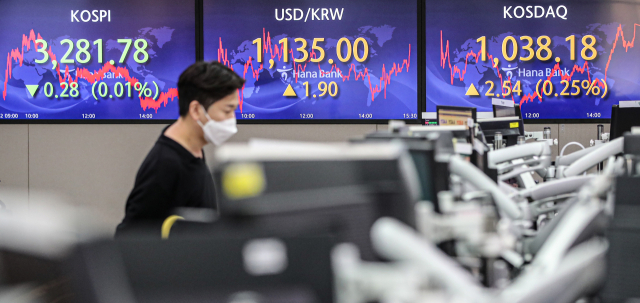 2일 오후 서울 중구 하나은행 본점 딜링룸에 이날 코스피 종가와 원/달러 환율, 코스닥 지수 종가가 표시돼 있다. 이날 코스닥지수는 전일 대비 2.54포인트(0.25%) 오른 1,038.18로 마감하며 전날 기록한 종가 기준 연고점 1,035.64를 하루 만에 경신했다. / 사진제공=연합뉴스