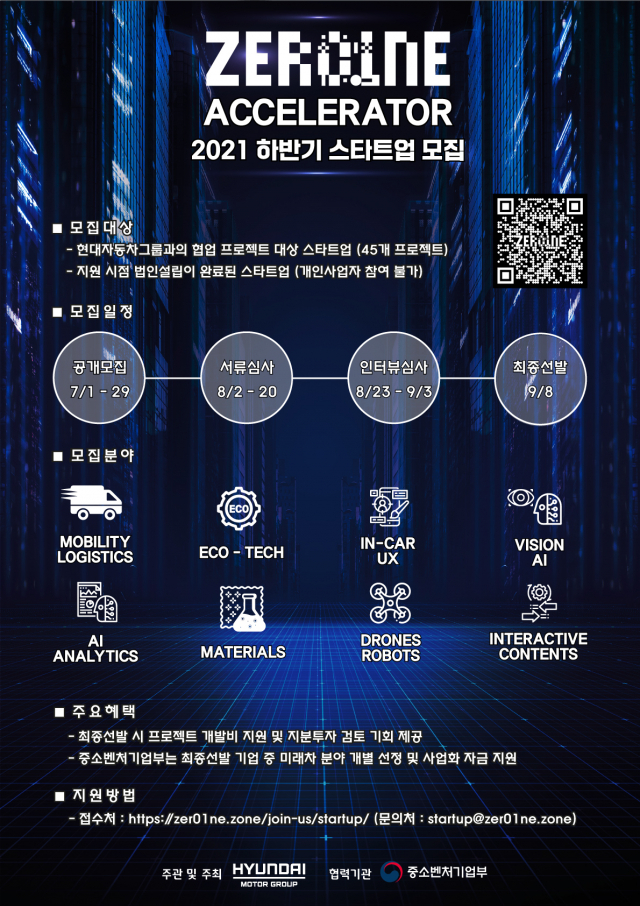 현대차그룹 오픈이노베이션 플랫폼 ‘제로원 엑셀러레이터’의 2021년 하반기 스타트업 공개 모집 안내 포스터/사진 제공=현대차