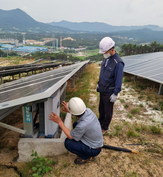 박지현(오른쪽) 전기안전공사 사장이 5일 전북 남원시에 위치한 태양광 설비를 점검하고 있다./사진제공=전기안전공사