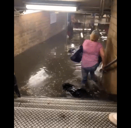 물바다로 변한 워싱턴 하이츠 157번가역에서 한 여성이 쇼핑백을 들어올린 채 물 속으로 걸어들어가고 있다. /트위터 캡처