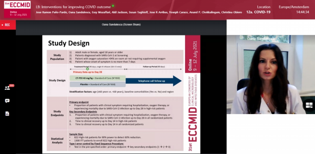 지난 12일 온라인으로 진행된 ‘제31차 유럽 임상미생물학 및 감염질환학회(ECCMID)’에서 렉키로나의 글로벌 임상 3상 연구자로 참여한 루마니아 캐롤 다빌라 의학·약학 대학의 오아나 산두레스쿠(Oana Sandulescu) 박사가 코로나19 항체 치료제 렉키로나의 글로벌 임상 3상 결과를 발표하고 있다./사진 제공=셀트리온