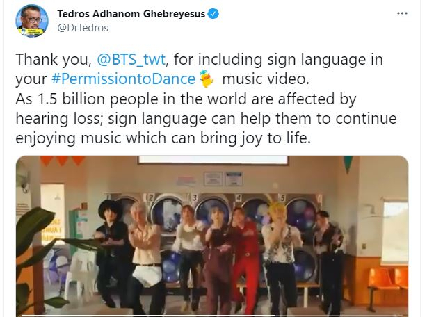 BTS 뮤직비디오 ‘퍼미션 투 댄스’를 소개하며 감사를 표한 거브러여수스 WHO 사무총장의 트위터. /트위터 캡처