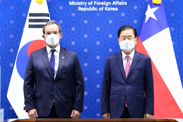 정의용(오른쪽) 외교부 장관과 안드레스 알라만드 칠레 외교장관이 21일 정부서울청상에서 회담을 가졌다. /연합뉴스